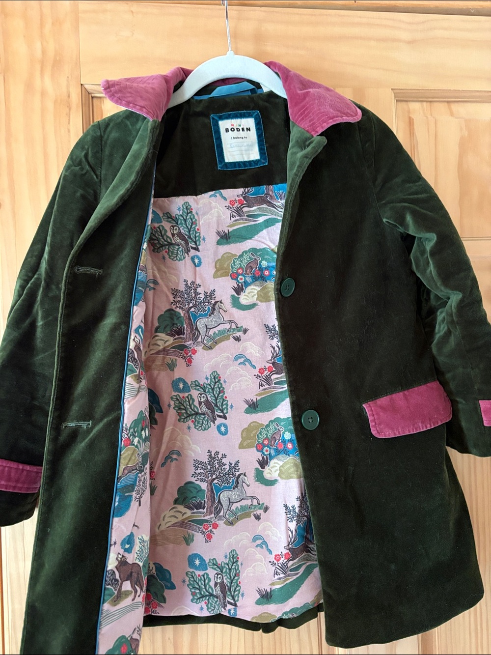 Boden Dark Green Velvet Coat with Pink Corduroy Trim